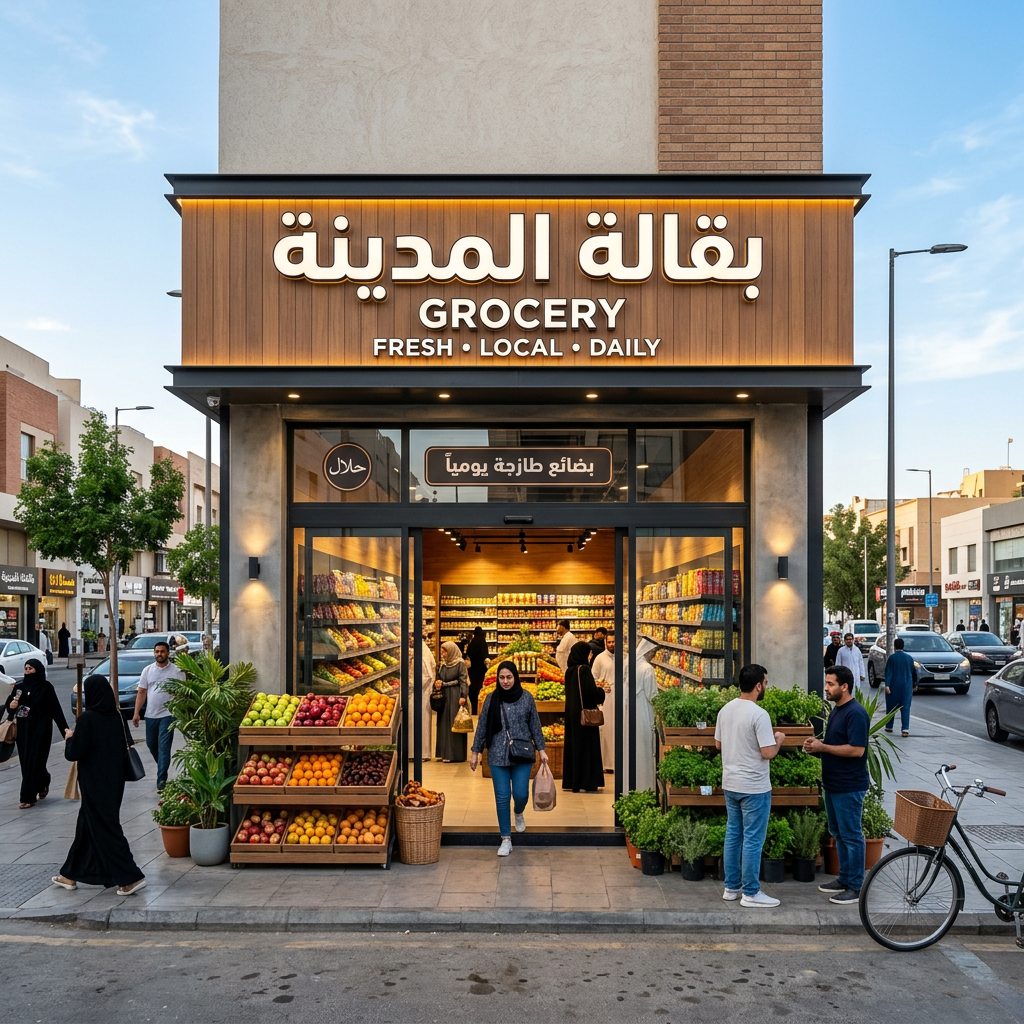 Entrance of a local grocery store with fresh produce and customers