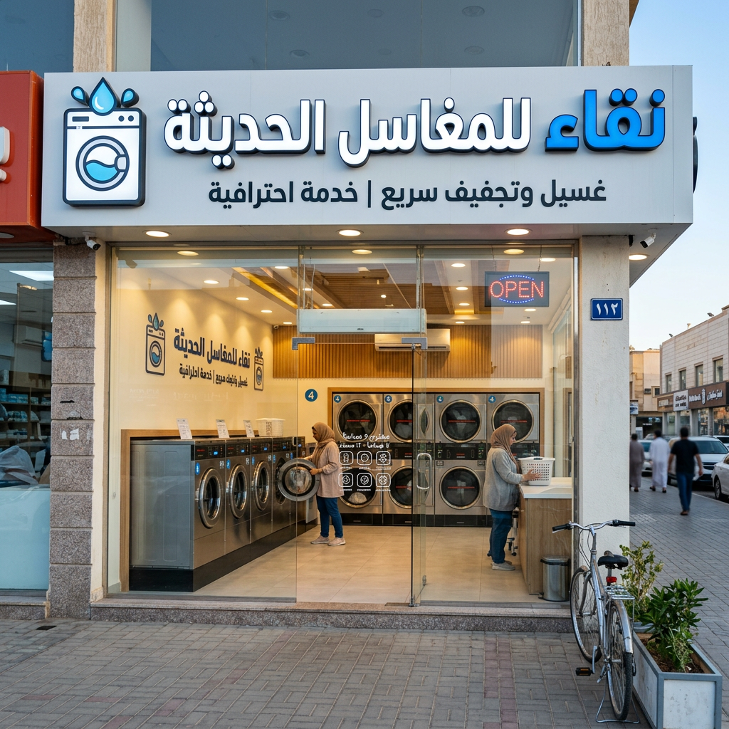 Laundry shop with washing machines and dryers, two women doing laundry inside