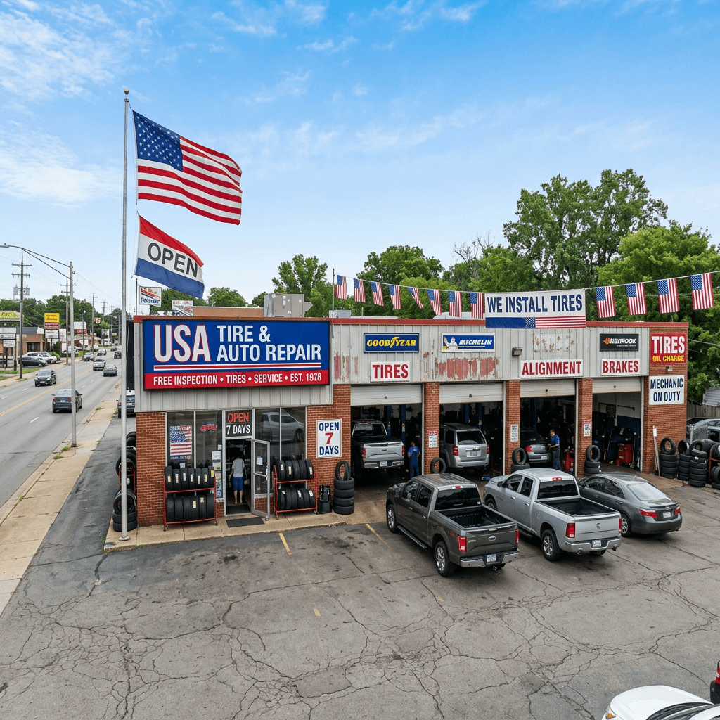 USA Tire & Auto Repair shop with vehicles at service bays and American flags