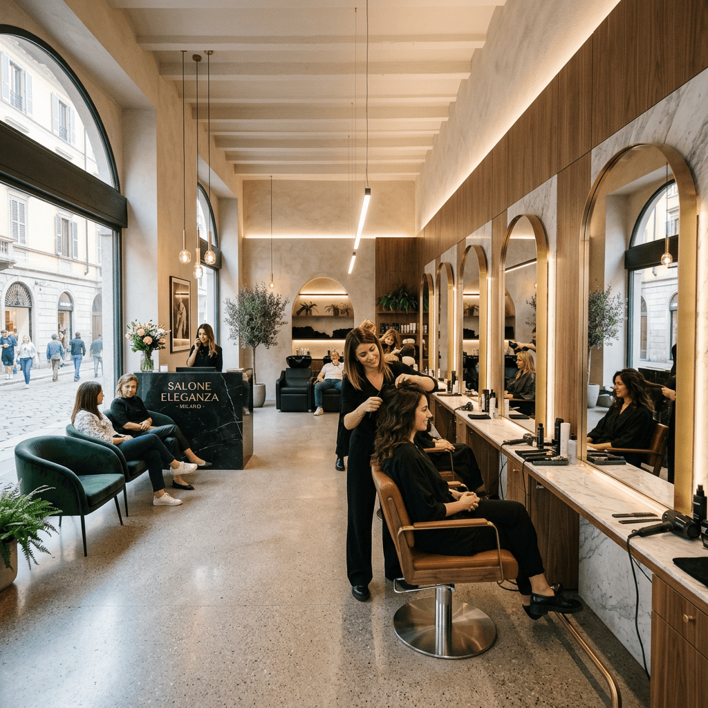 Hair salon interior with clients seated and hairstylists working