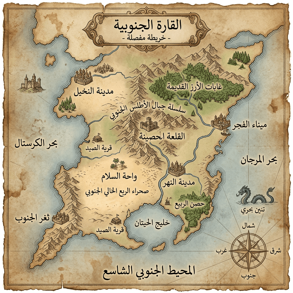 خريطة خيالية للقارة الجنوبية مع مدن مثل مدينة النخيل، القلعة المحصنة، واحة السلام، وسلسلة جبال الأطلس الجنوبي