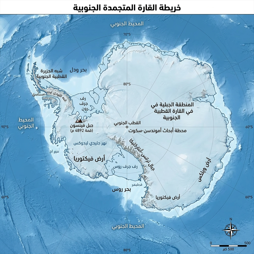 Map of Antarctica with labeled regions, mountains, seas, and research stations in Arabic.