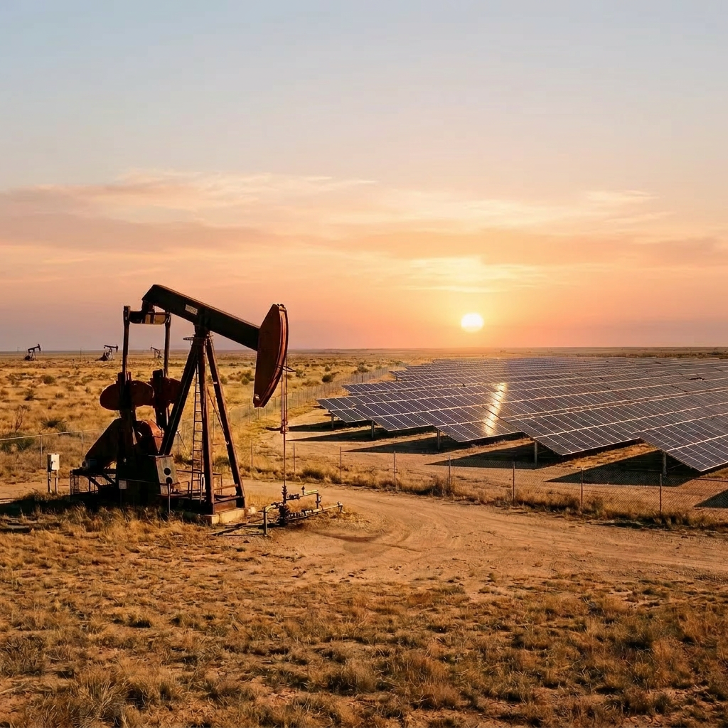 Oil pump jack near fenced solar panel array in arid field under clear sky