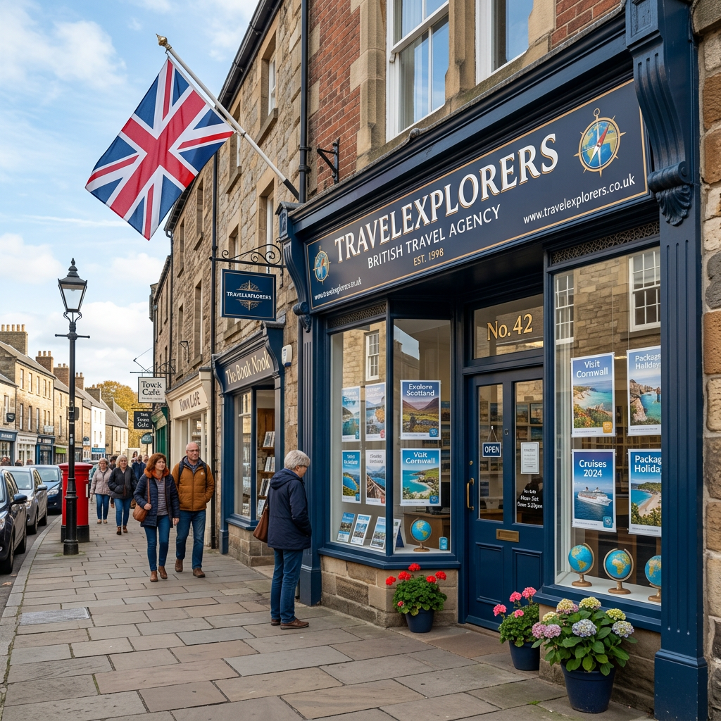 Travel Explorers British travel agency storefront with travel posters and Union Jack flag