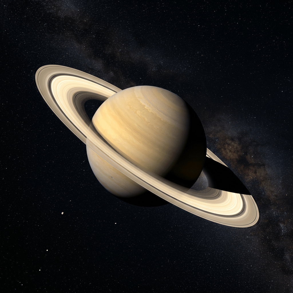 Planet Saturn with large rings casting shadows against starry background