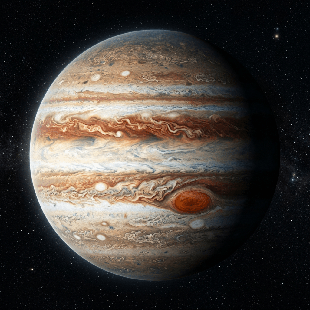 Planet Jupiter with colorful storms and Great Red Spot
