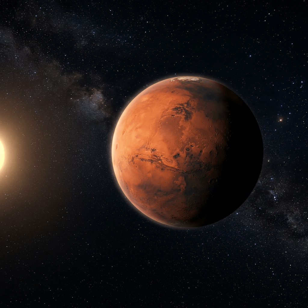 Mars planet showing surface details with the Sun glowing on the side and a starry space background