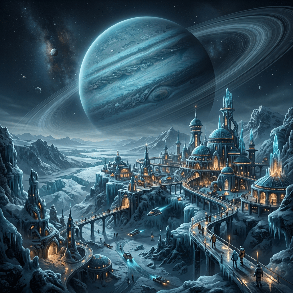 Futuristic city with domed buildings and bridges on icy landscape under a large ringed gas giant planet with moons in the sky