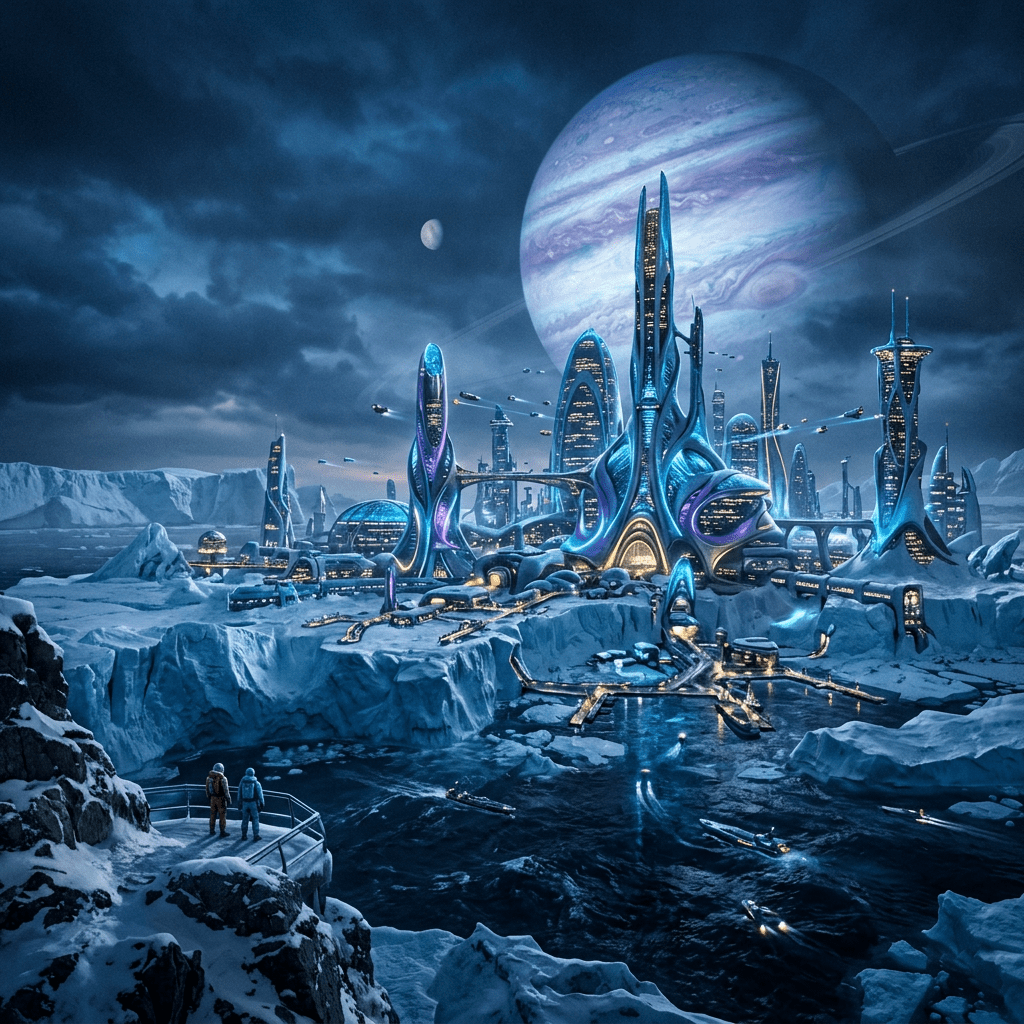 Futuristic Neptune country on icy ocean world