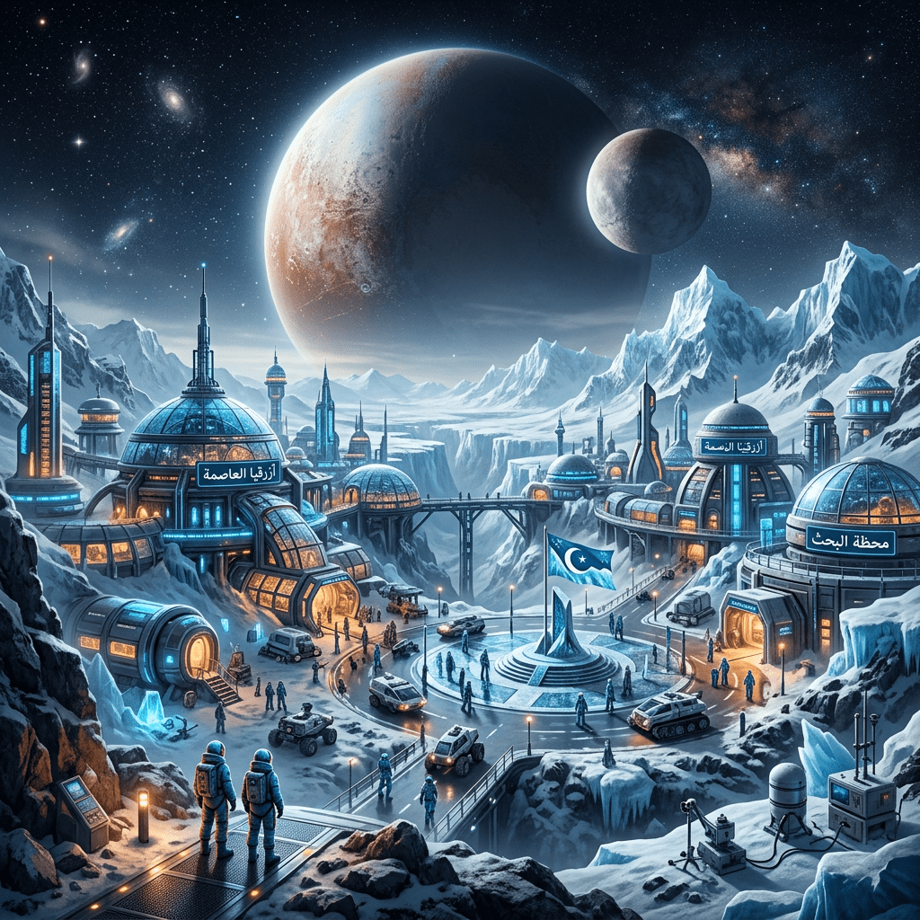 Futuristic colony on a snowy moon with dome structures, vehicles, and astronauts