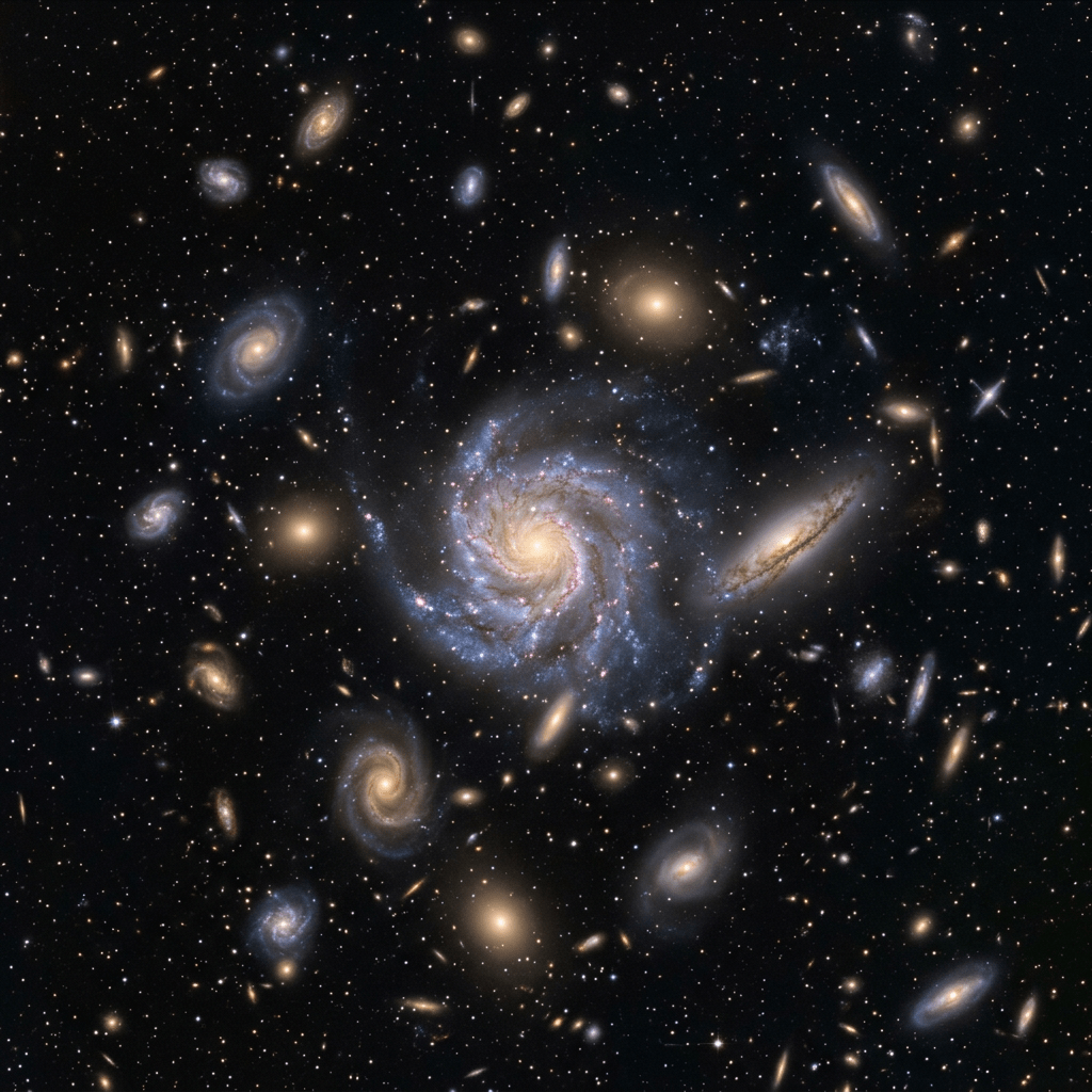 Cluster of spiral and elliptical galaxies against a starry black background