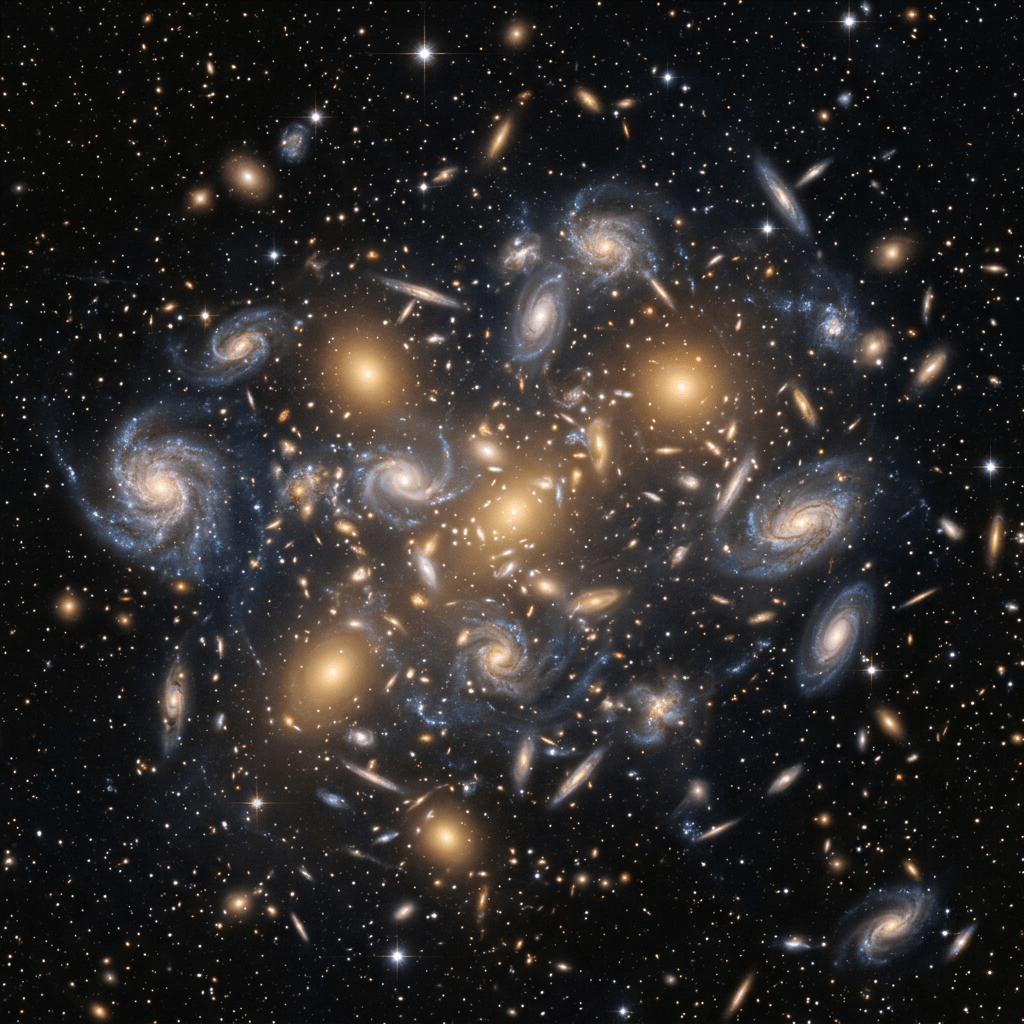 Cluster of multiple galaxies with spirals and elliptical shapes in deep space