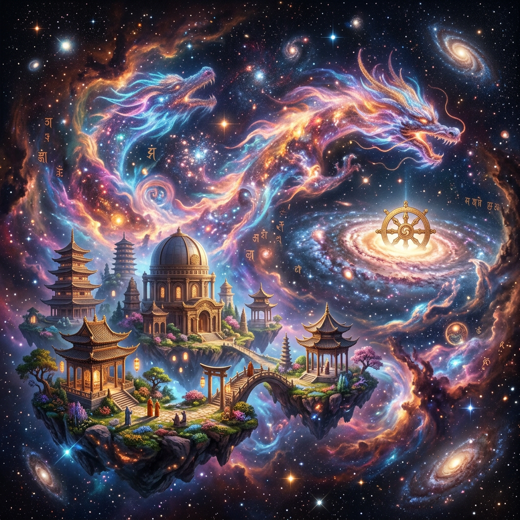 Colorful cosmic dragon swirling in space above floating island with ancient Asian temples