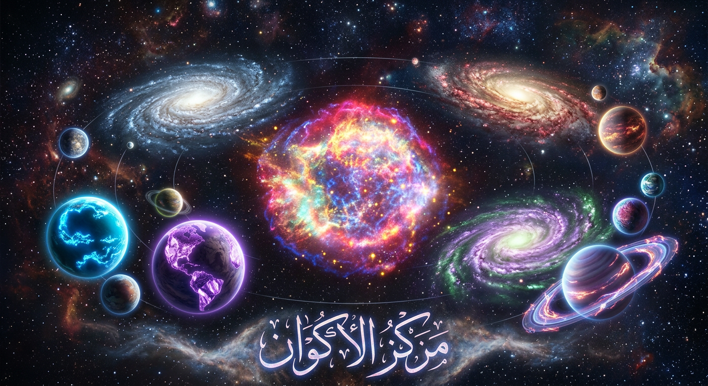 Colorful planets and galaxies arranged around a bright nebula with Arabic text