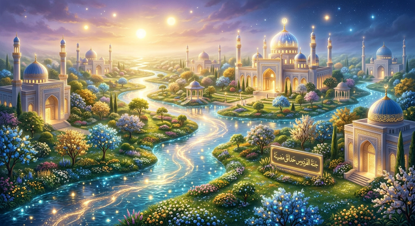 Lush garden with colorful flowering trees, glowing rivers, and ornate domed structures under a twilight sky